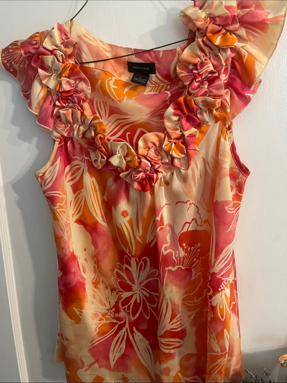 Spense Pink & Orange Floral Ruffle-Neck Camisole